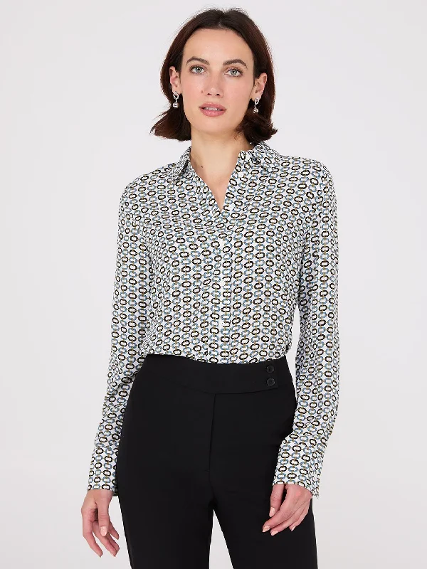Effortlessly chic outfits for the modern woman   Geo Print Chiffon Button-Front Blouse